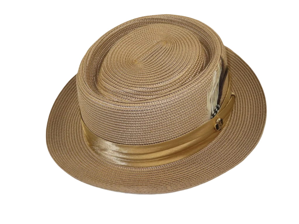 Men's Bruno Capelo RAFAELE Braid Straw Pork Pie Hat Telescope Crown RF-403 Tan