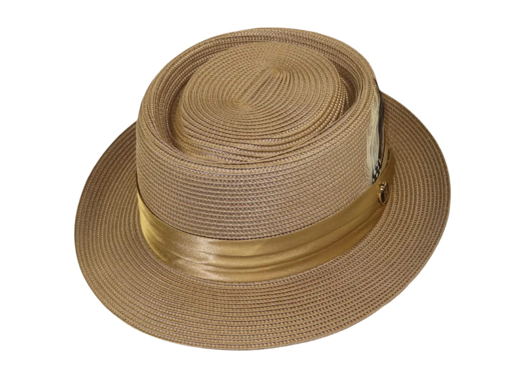Men's Bruno Capelo RAFAELE Braid Straw Pork Pie Hat Telescope Crown RF-403 Tan