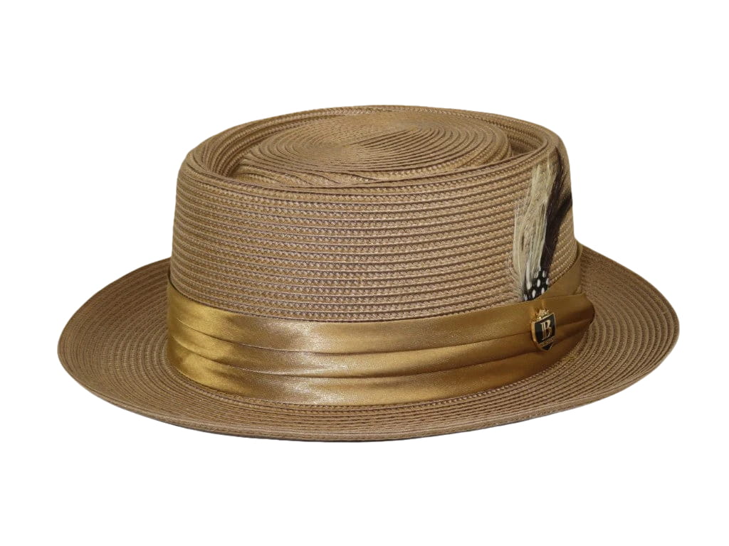 Men's Bruno Capelo RAFAELE Braid Straw Pork Pie Hat Telescope Crown RF-403 Tan