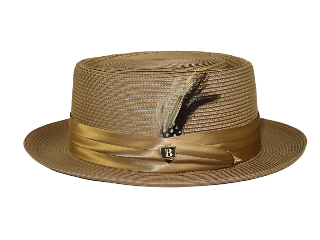 Men's Bruno Capelo RAFAELE Braid Straw Pork Pie Hat Telescope Crown RF-403 Tan