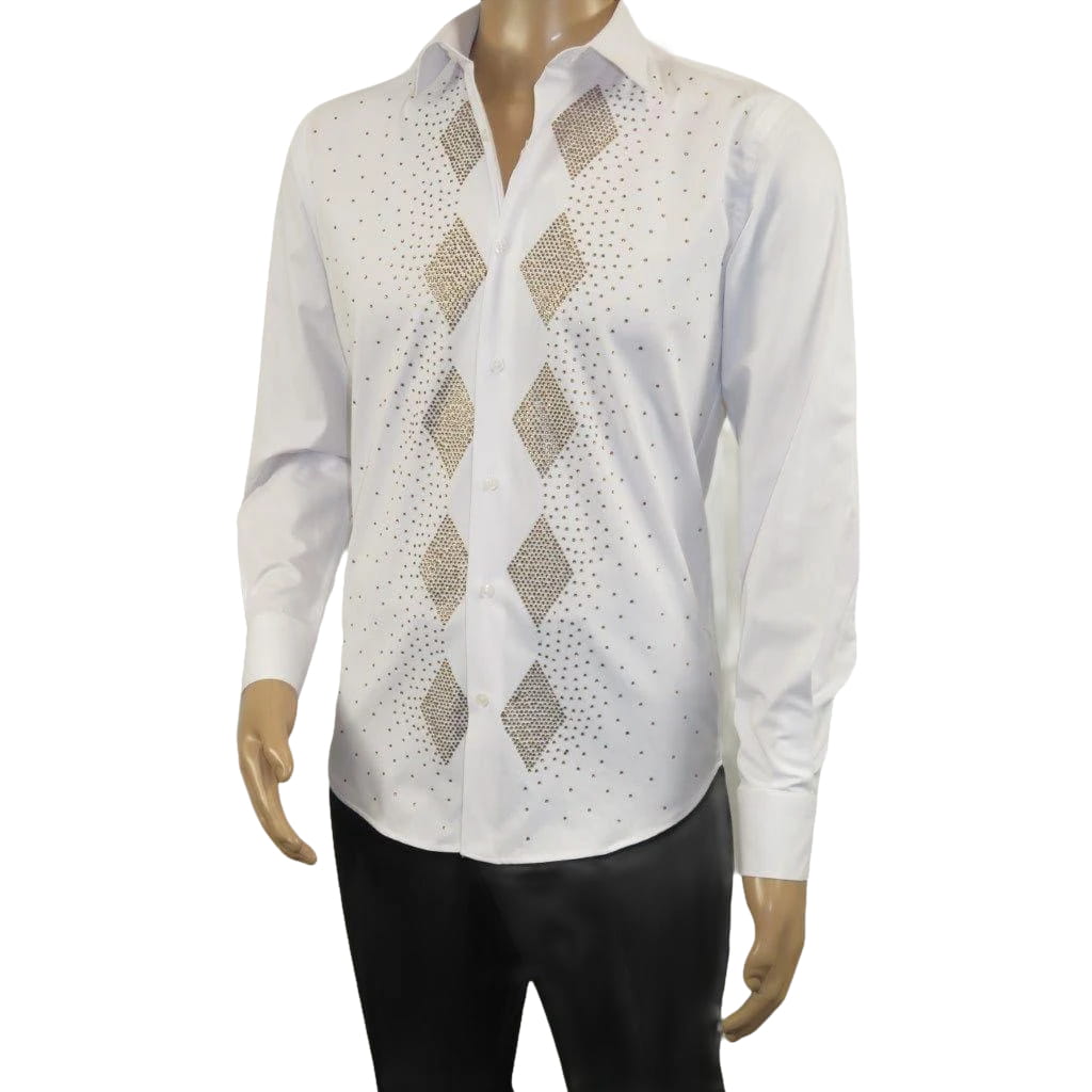 Men CEREMONIA Turkey Shirt 100% Cotton Fancy Rhine Stones #Rio 13 White Slim Fit