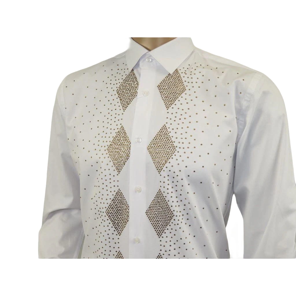 Men CEREMONIA Turkey Shirt 100% Cotton Fancy Rhine Stones #Rio 13 White Slim Fit