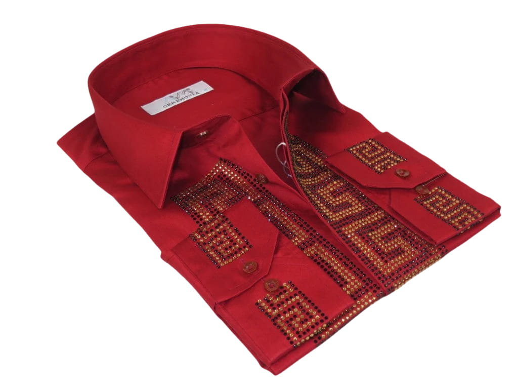 Men CEREMONIA Turkey Shirt 100% Cotton Fancy Rhine Stones #TSV 28 Slim Fit