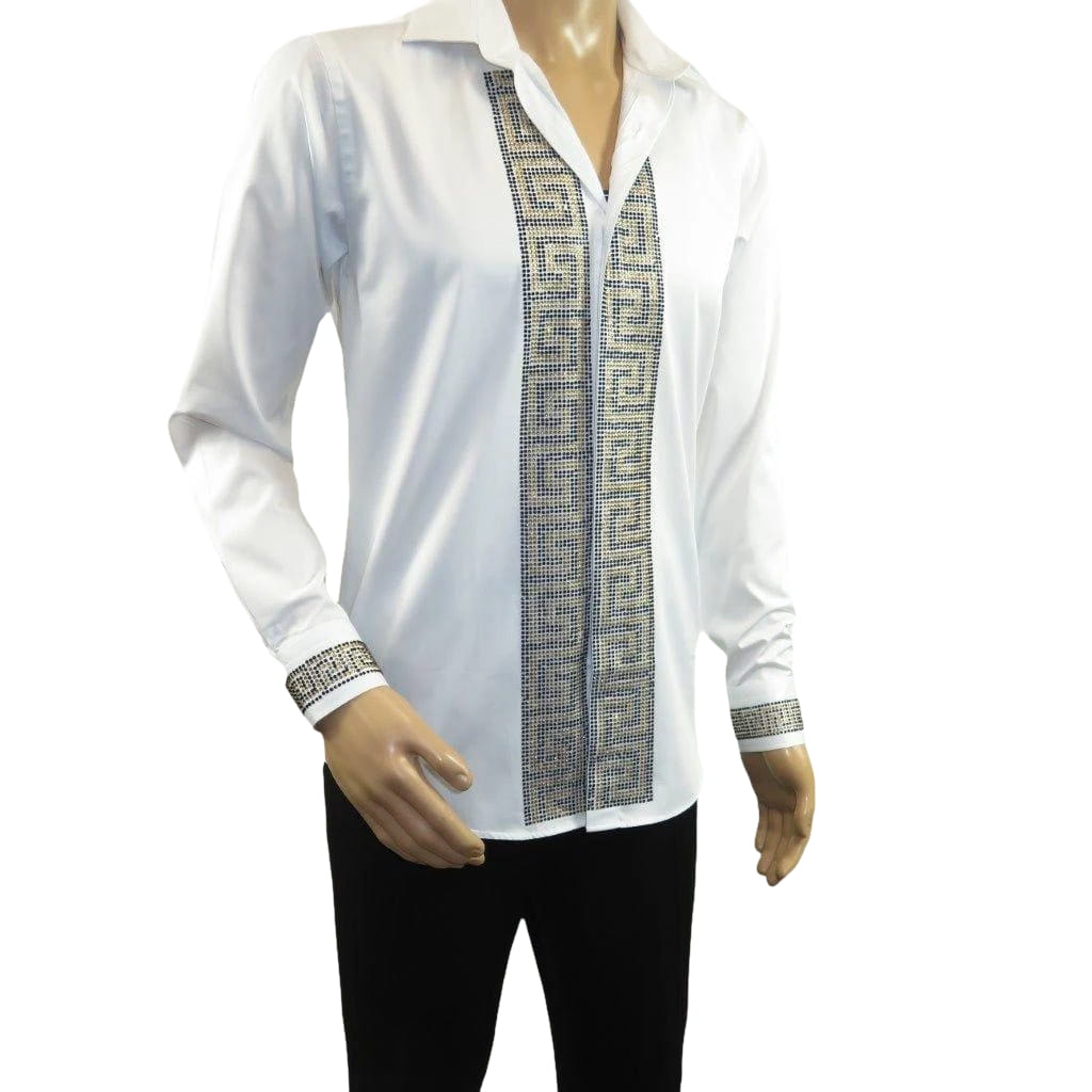 Men CEREMONIA Turkey Shirt 100% Cotton Fancy Rhine Stones #TSV 13 White Slim Fit