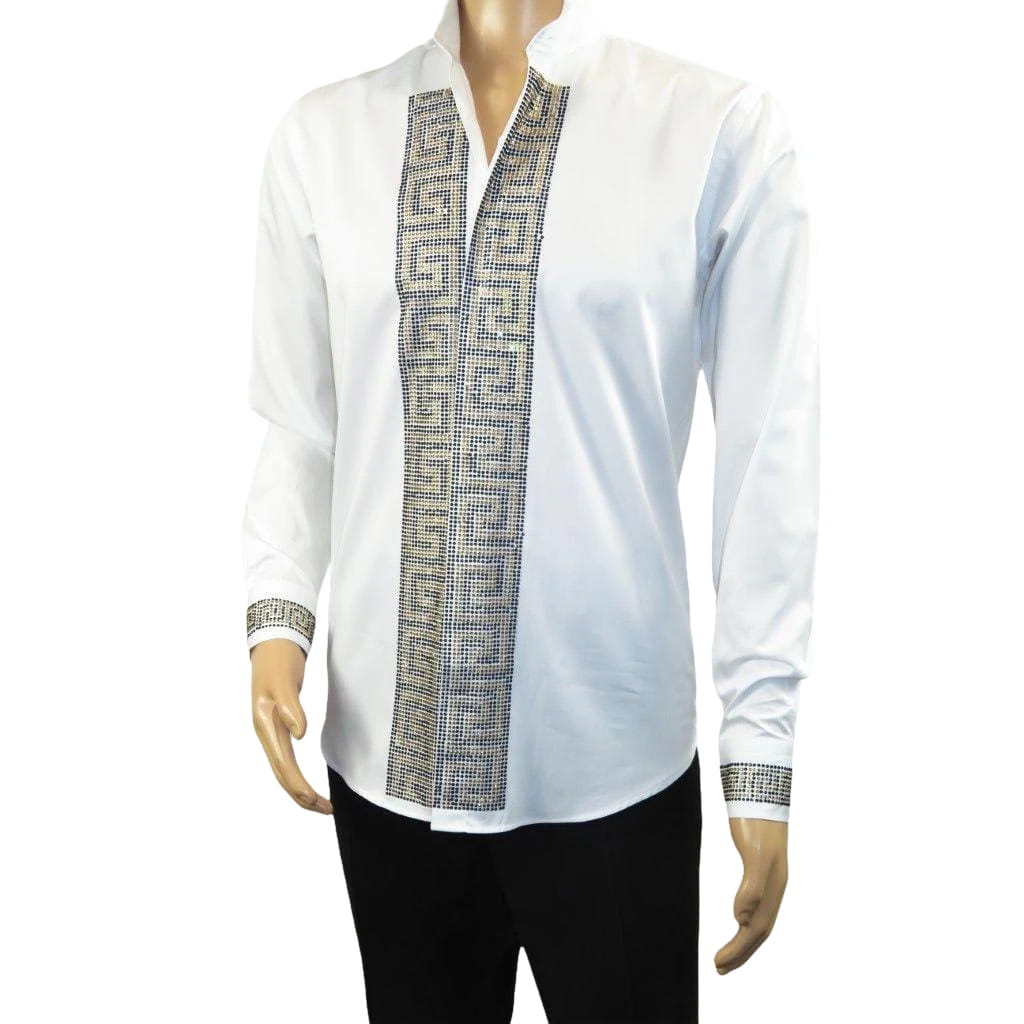 Men CEREMONIA Turkey Shirt 100% Cotton Fancy Rhine Stones #TSV 13 White Slim Fit