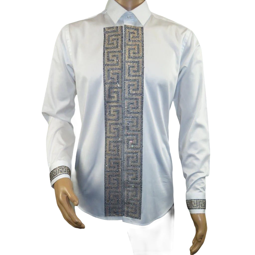 Men CEREMONIA Turkey Shirt 100% Cotton Fancy Rhine Stones #TSV 13 White Slim Fit