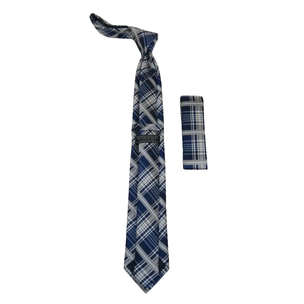 Mens Narrow Tie/Hankie Set Microfiber Silky Vito Rofolo VTR-92 Blue White Plaid