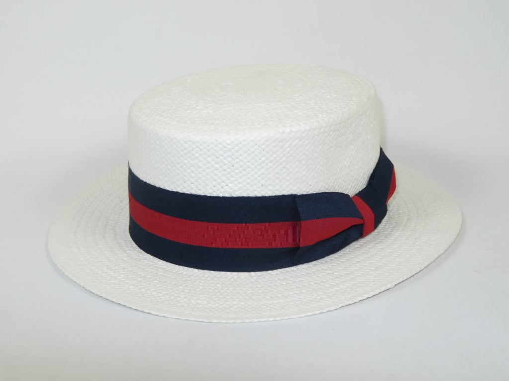 Men's Bruno Capelo Boater Natural Straw Flat Crown Hat BC631 White/Red/Blue