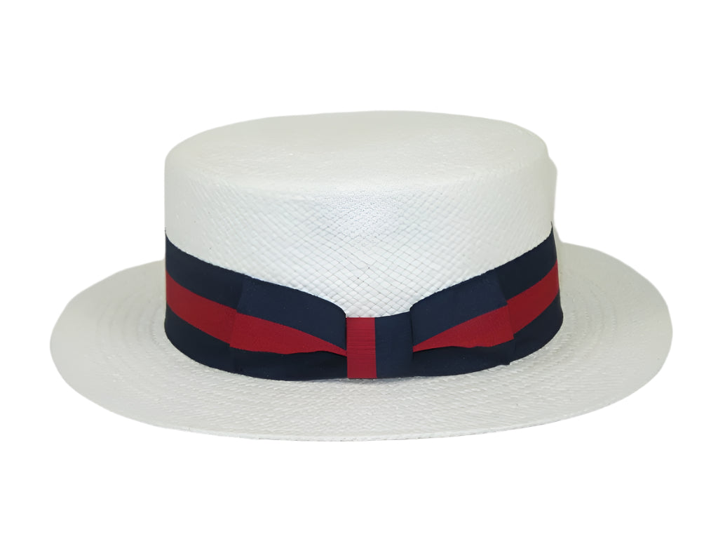 Men's Bruno Capelo Boater Natural Straw Flat Crown Hat BC631 White/Red/Blue