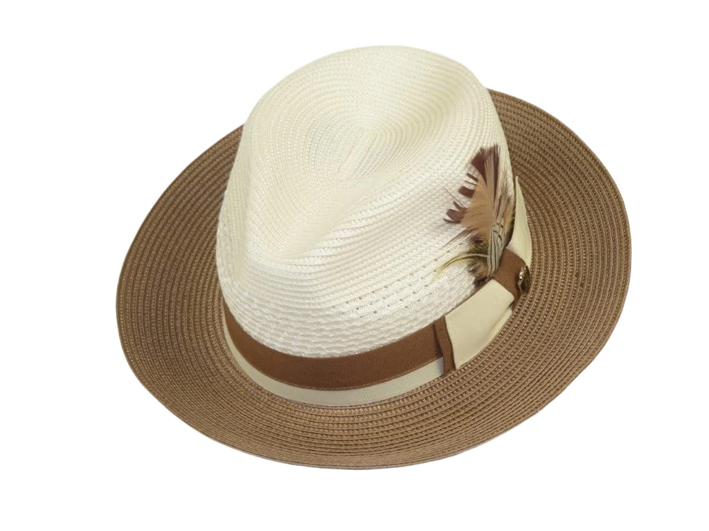 Men's Bruno Capelo Belvedere 2-Tone Straw Style Fedora Hat BD958 Ivory/Cognac