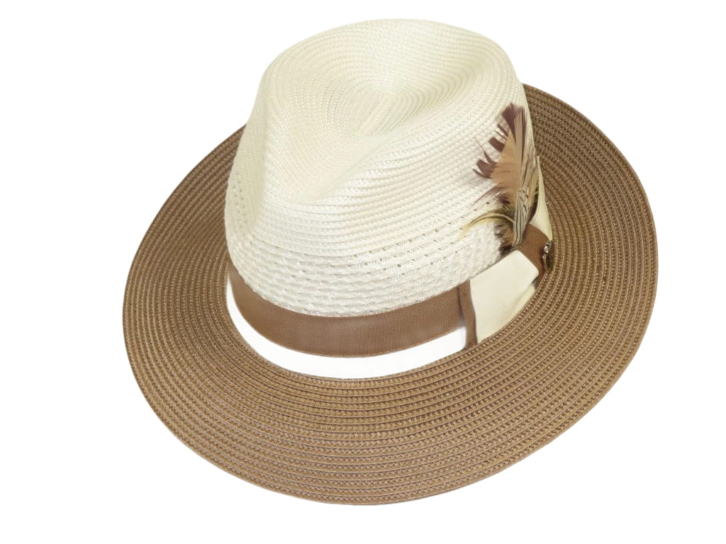 Men's Bruno Capelo Belvedere 2-Tone Straw Style Fedora Hat BD958 Ivory/Cognac