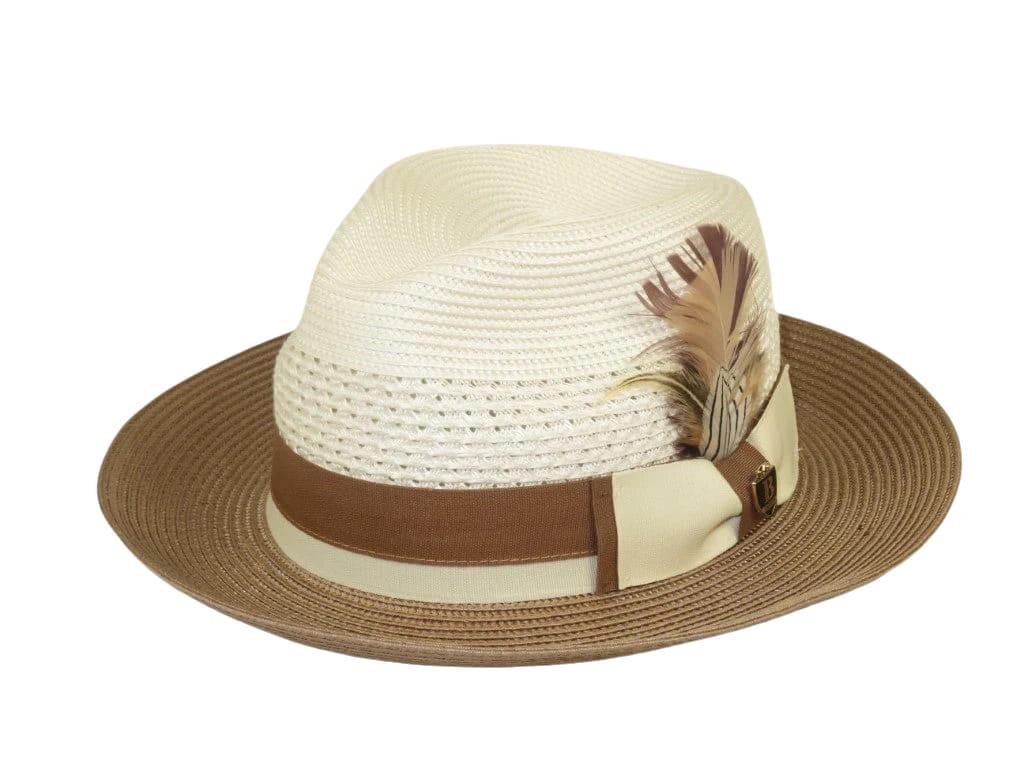 Men's Bruno Capelo Belvedere 2-Tone Straw Style Fedora Hat BD958 Ivory/Cognac