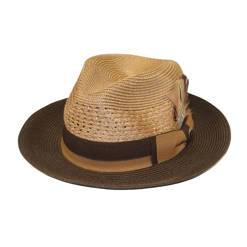 Men's Bruno Capelo Belvedere 2-Tone Straw Style Fedora Hat BD959 Tan Brown