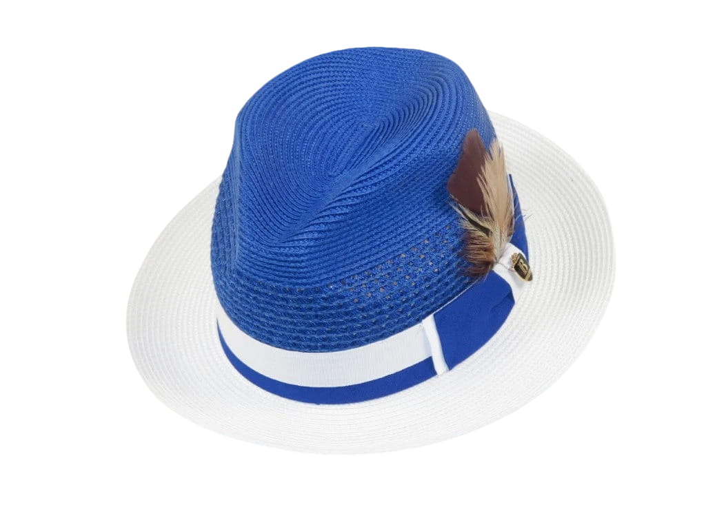 Men's Bruno Capelo Belvedere 2-Tone Straw Style Fedora Hat BD960 Royal/White