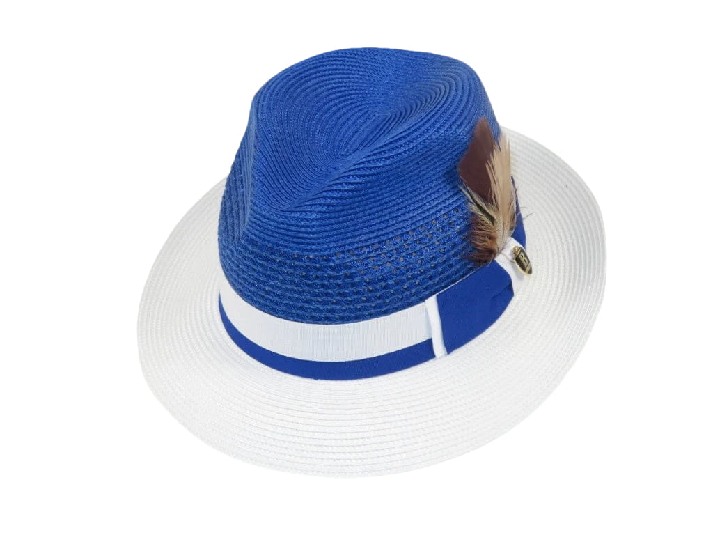 Men's Bruno Capelo Belvedere 2-Tone Straw Style Fedora Hat BD960 Royal/White