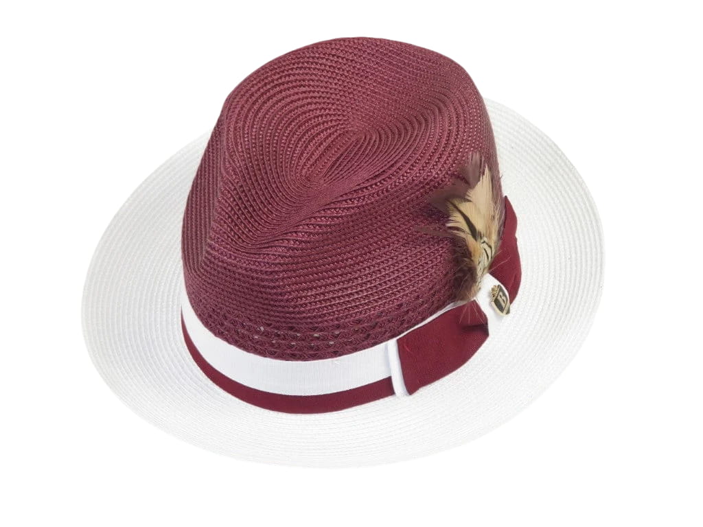 Men's Bruno Capelo Belvedere 2-Tone Straw Style Fedora Hat BD961 Burgundy/White