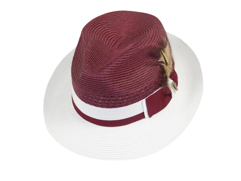 Men's Bruno Capelo Belvedere 2-Tone Straw Style Fedora Hat BD961 Burgundy/White