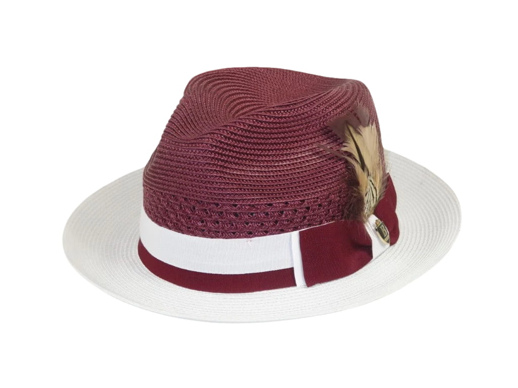 Men's Bruno Capelo Belvedere 2-Tone Straw Style Fedora Hat BD961 Burgundy/White