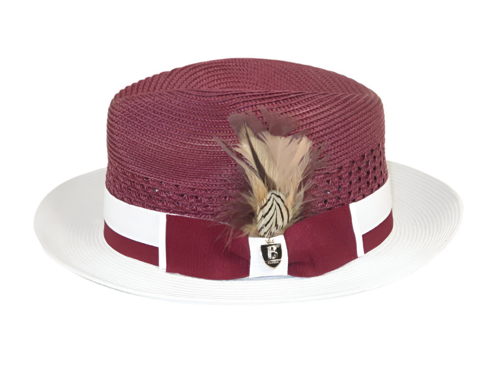 Men's Bruno Capelo Belvedere 2-Tone Straw Style Fedora Hat BD961 Burgundy/White