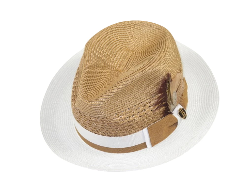 Men's Bruno Capelo Belvedere 2-Tone Straw Style Fedora Hat BD962 Tan/White