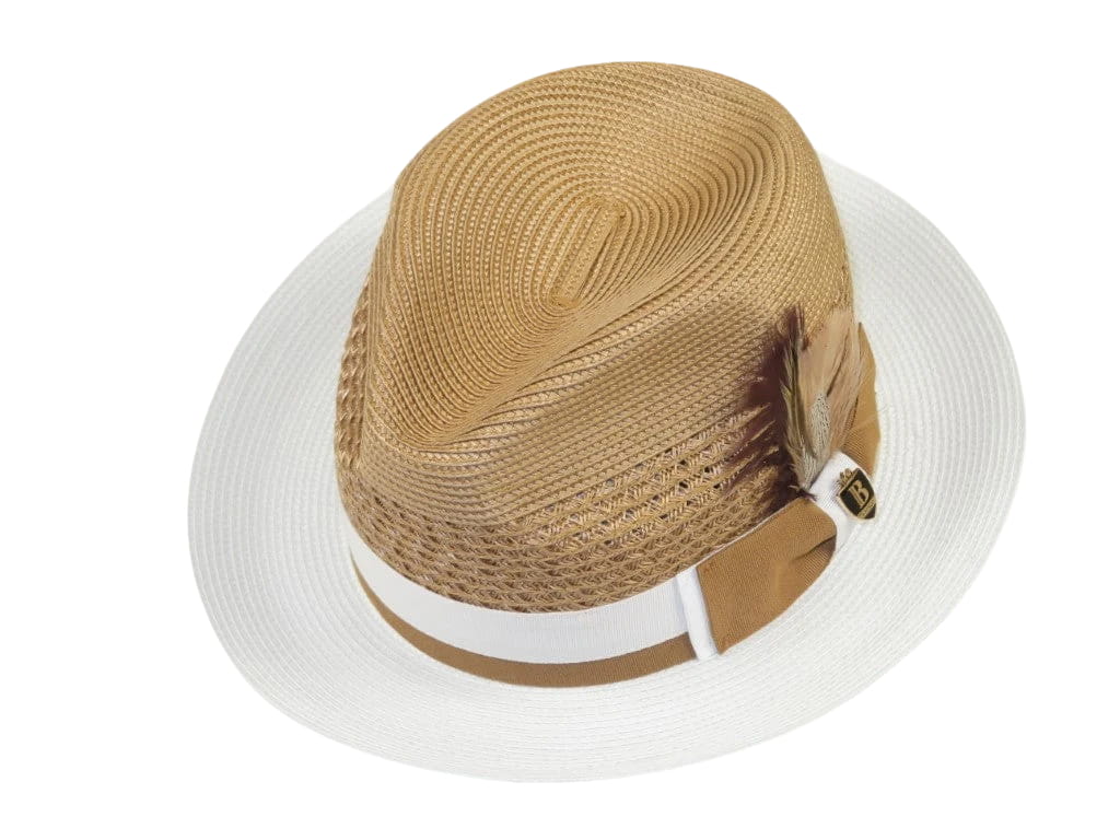 Men's Bruno Capelo Belvedere 2-Tone Straw Style Fedora Hat BD962 Tan/White