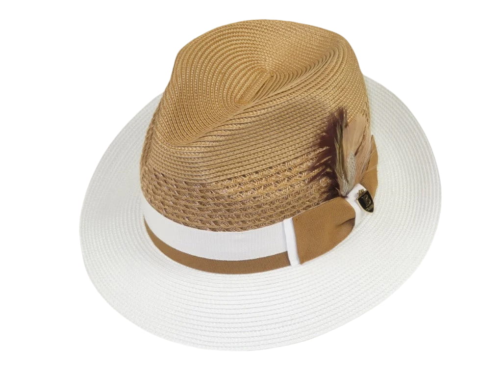 Men's Bruno Capelo Belvedere 2-Tone Straw Style Fedora Hat BD962 Tan/White