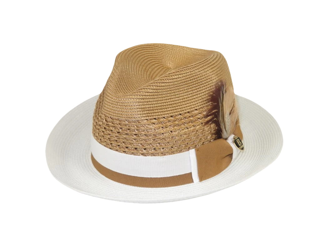 Men's Bruno Capelo Belvedere 2-Tone Straw Style Fedora Hat BD962 Tan/White