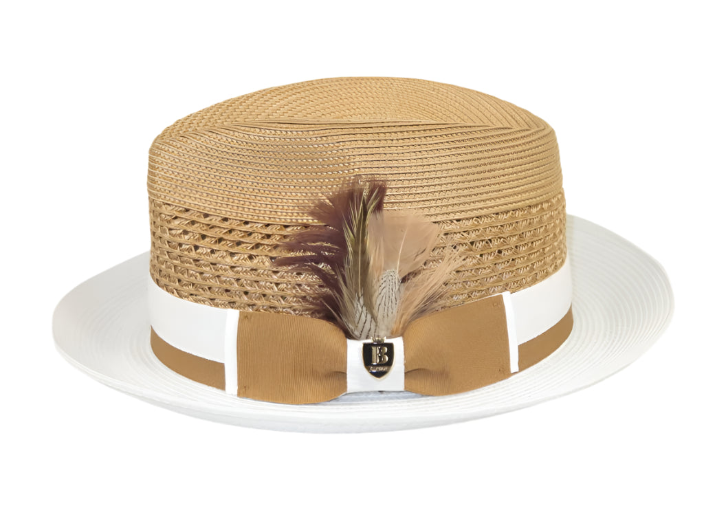 Men's Bruno Capelo Belvedere 2-Tone Straw Style Fedora Hat BD962 Tan/White