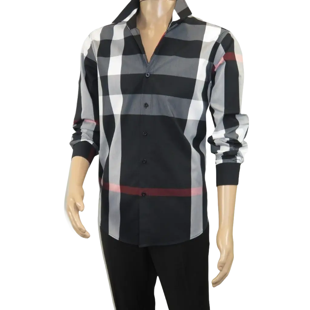 Men's Sports Shirt Clavi By Moderno Checker Plaid Long Sleeves CJLS-104 Black