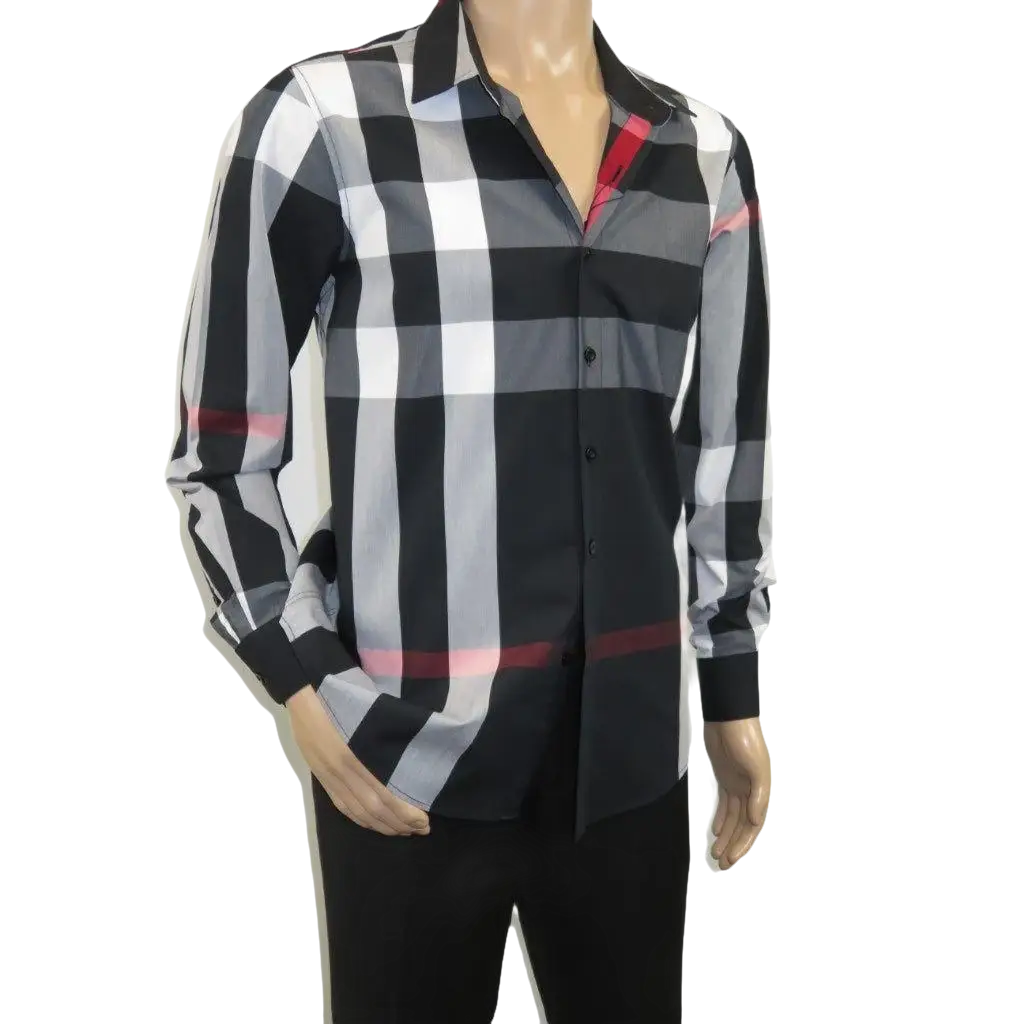 Men's Sports Shirt Clavi By Moderno Checker Plaid Long Sleeves CJLS-104 Black