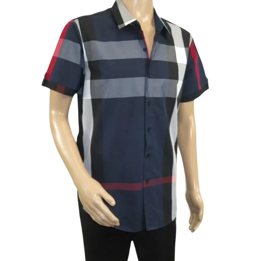 Men's Sports Shirt Clavi By Moderno Checker Plaid Short Sleeves CJSS-203 Navy