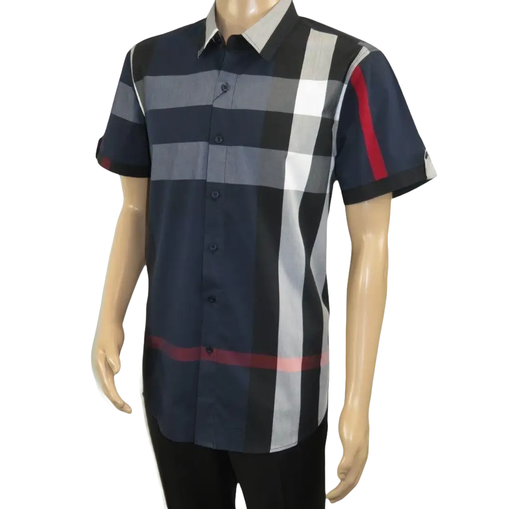 Men's Sports Shirt Clavi By Moderno Checker Plaid Short Sleeves CJSS-203 Navy