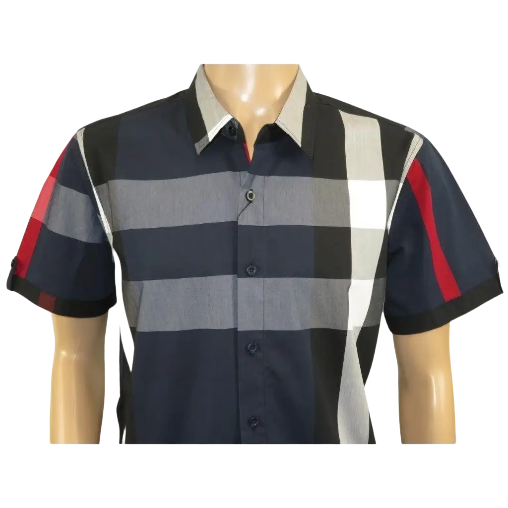 Men's Sports Shirt Clavi By Moderno Checker Plaid Short Sleeves CJSS-203 Navy