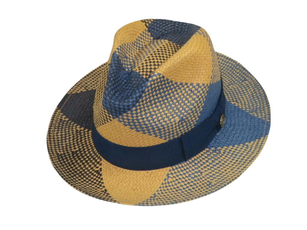 Men's Bruno Capelo Genuine Straw Fedora Hat Cubano CU403 Denim/Cognac