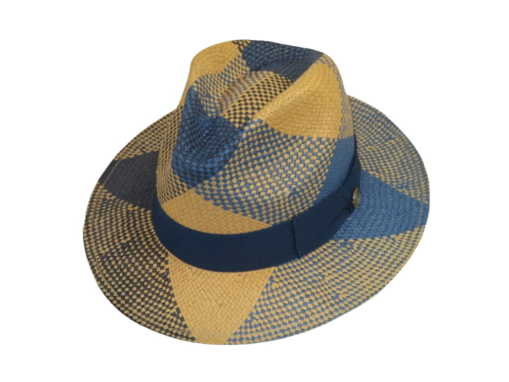 Men's Bruno Capelo Genuine Straw Fedora Hat Cubano CU403 Denim/Cognac