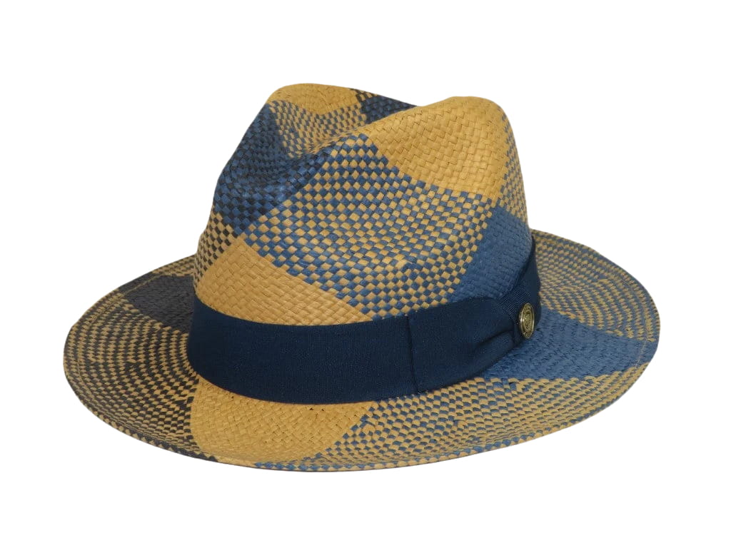 Men's Bruno Capelo Genuine Straw Fedora Hat Cubano CU403 Denim/Cognac