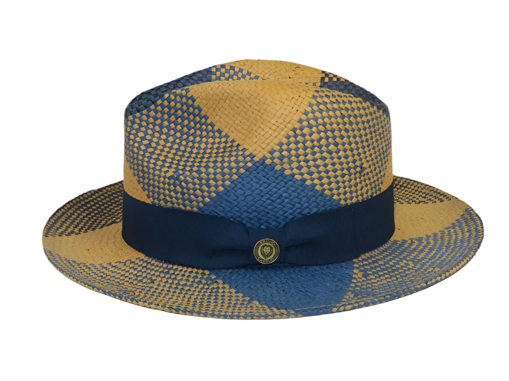 Men's Bruno Capelo Genuine Straw Fedora Hat Cubano CU403 Denim/Cognac