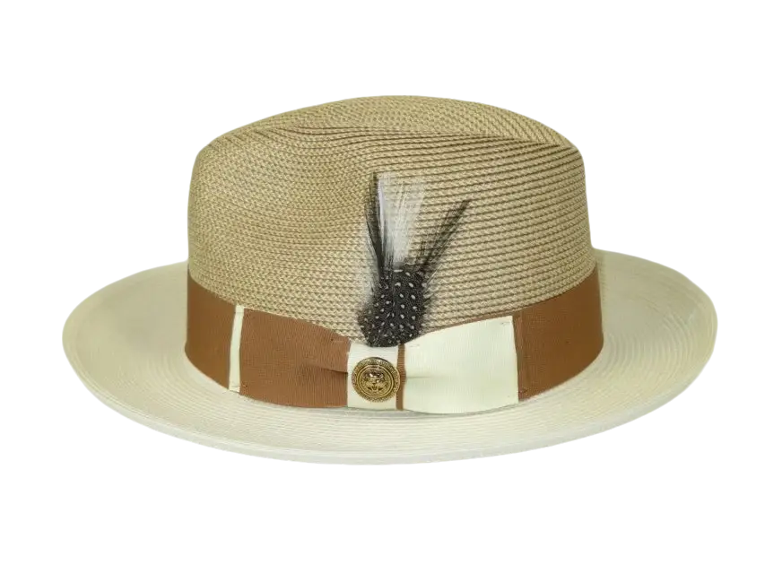 Men's Milani Straw Braided Fedora Hat Soft Crushable FDS-006 Ivory/Cognac