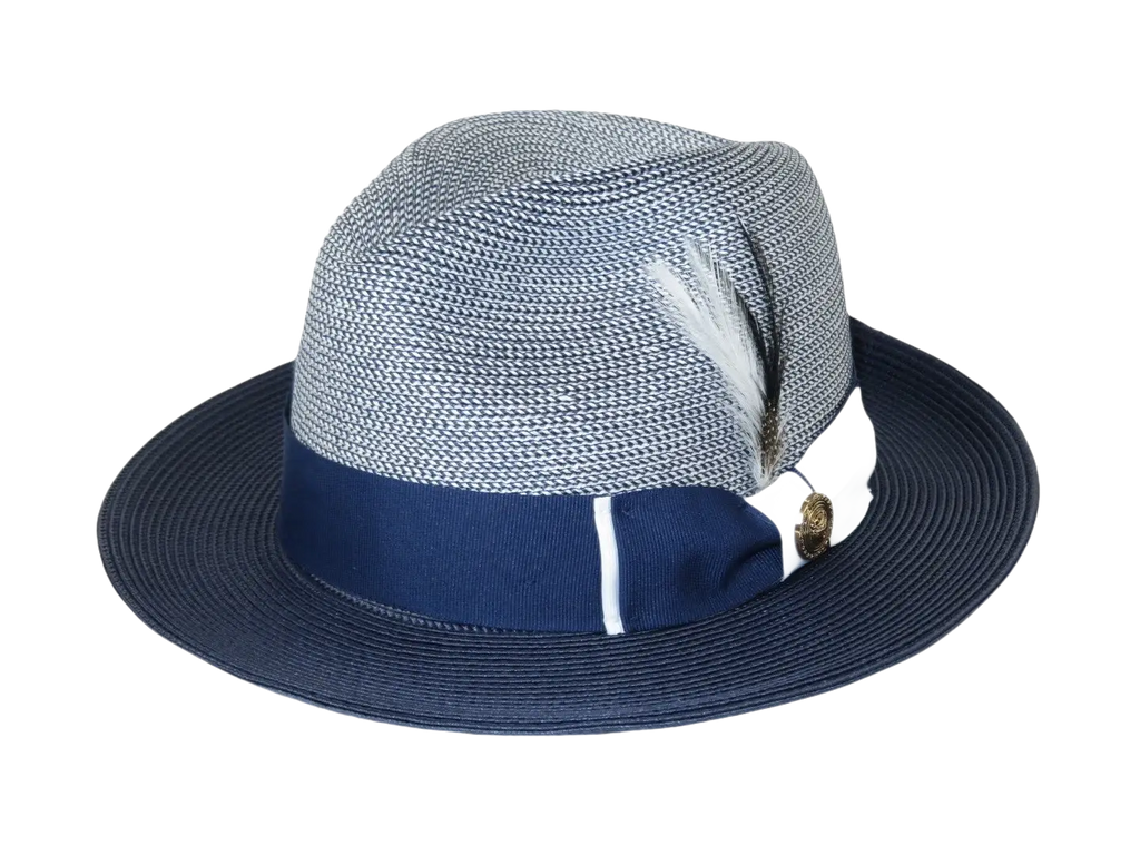 Men's Milani Straw Braided Fedora Hat Soft Crushable FDS-006 Navy/White
