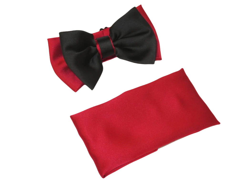Men's 2-Tone Bow Tie/Hankie Set By J.Valintin Soft Satin Silky JVBT-40 Black Red