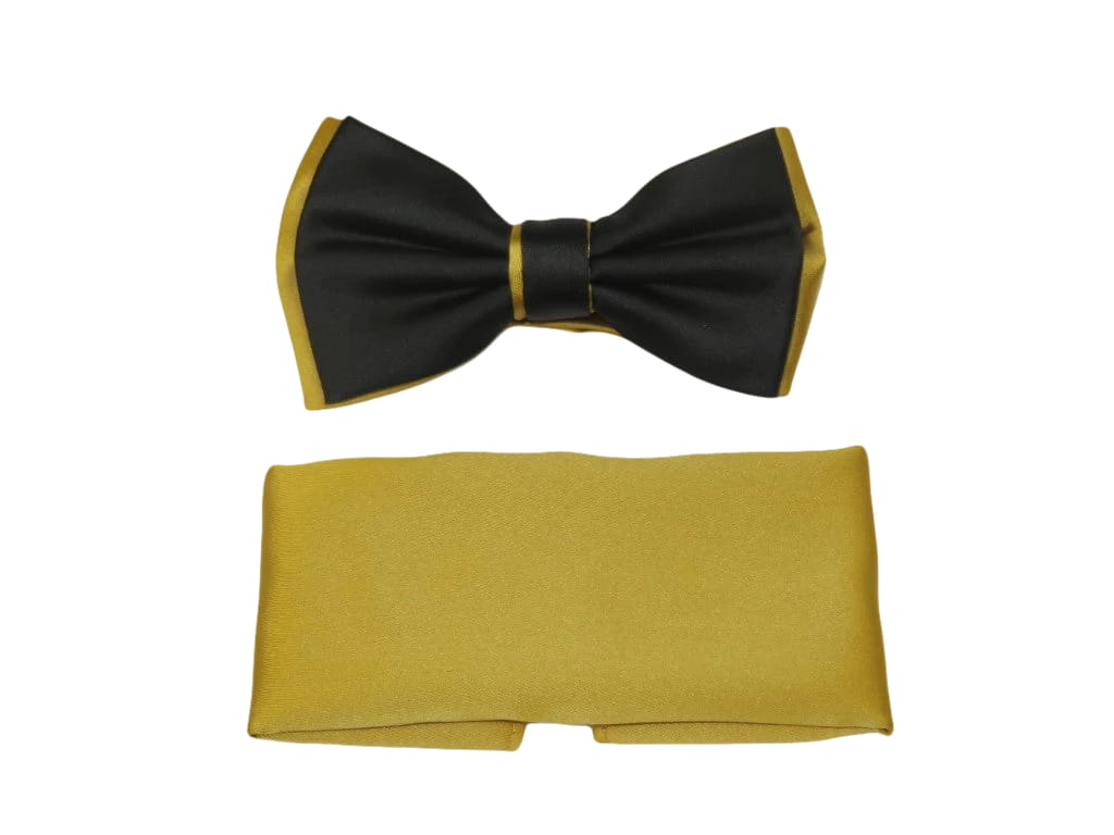 Men's 2-Tone Bow Tie/Hankie Set By J.Valintin Satin Silky JVBT-41 Black Gold