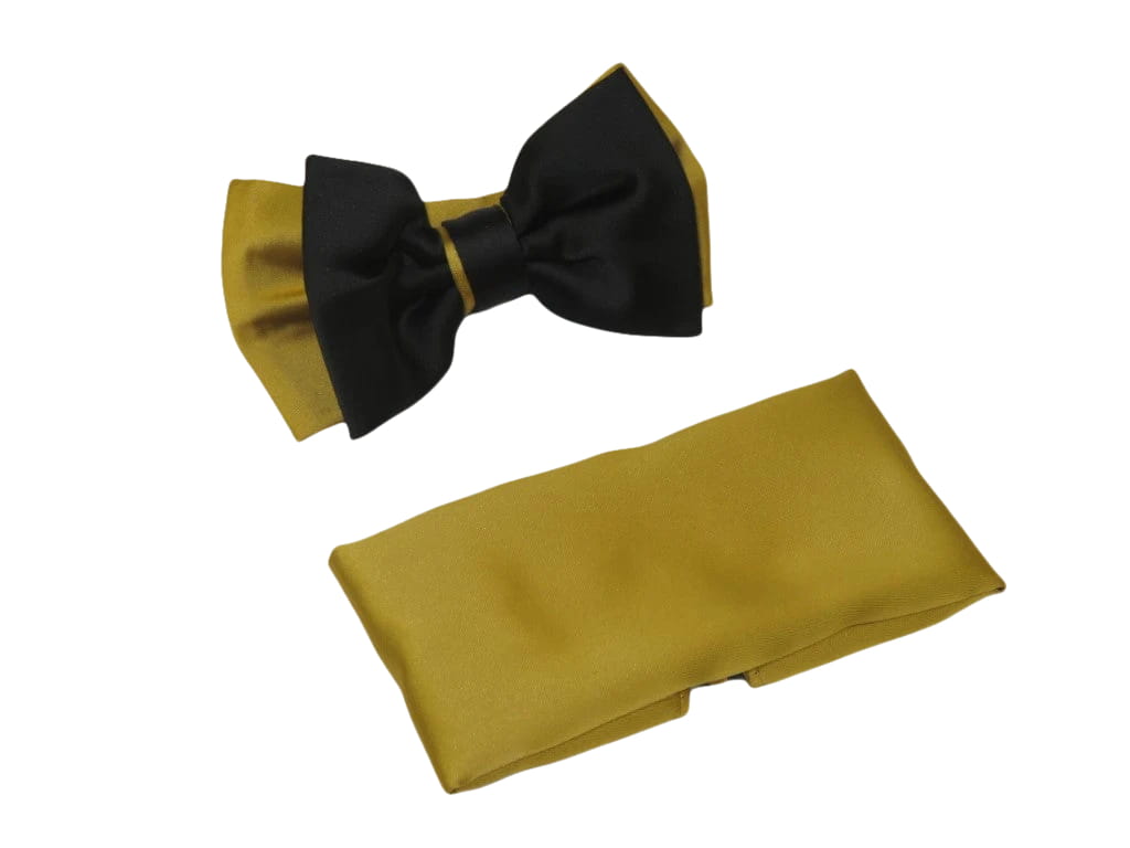 Men's 2-Tone Bow Tie/Hankie Set By J.Valintin Satin Silky JVBT-41 Black Gold