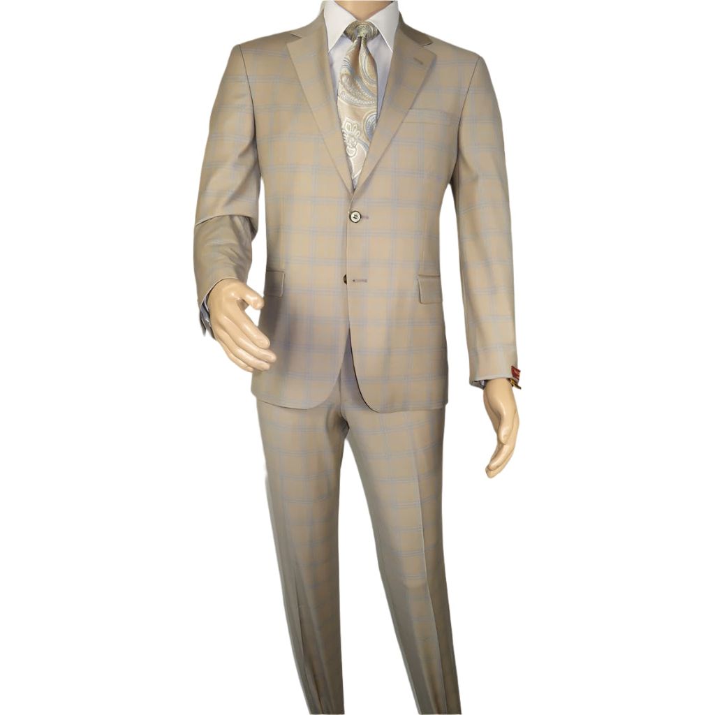 Men Suit BERLUSCONI Turkey Italian Wool 180's Glenn Plaid K167-07 Beige Blue