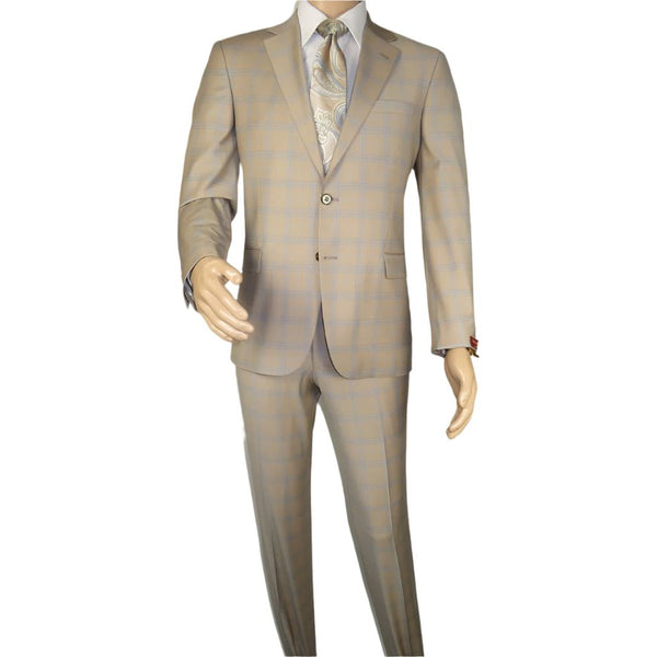 Men Suit BERLUSCONI Turkey Italian Wool 180's Glenn Plaid K167-07 Beige Blue