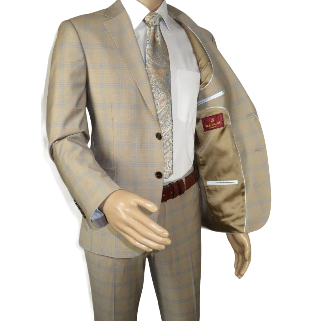 Men Suit BERLUSCONI Turkey Italian Wool 180's Glenn Plaid K167-07 Beige Blue