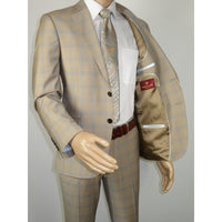 Men Suit BERLUSCONI Turkey Italian Wool 180's Glenn Plaid K167-07 Beige Blue