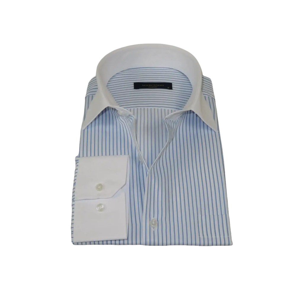 Men's Shirt MARCUZZI Turkey 100% Cotton Marc5 Blue Stripe White Collar and Cuffs