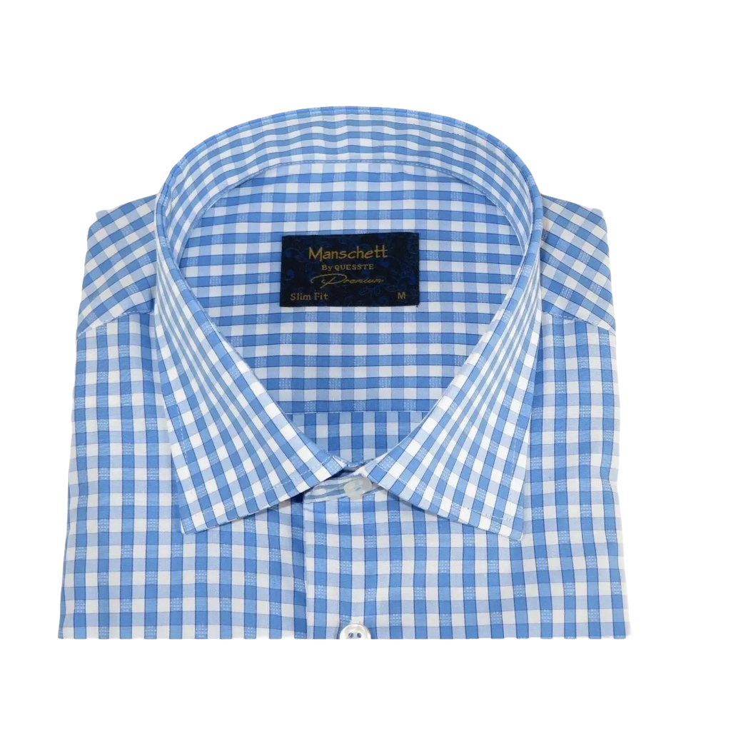 Men 100% Cotton Shirt Manschett Quesste Turkey Slim Fit 6012 - 02 Sky Blue Checker - J.Valintin Men's Wear Legend - 96879