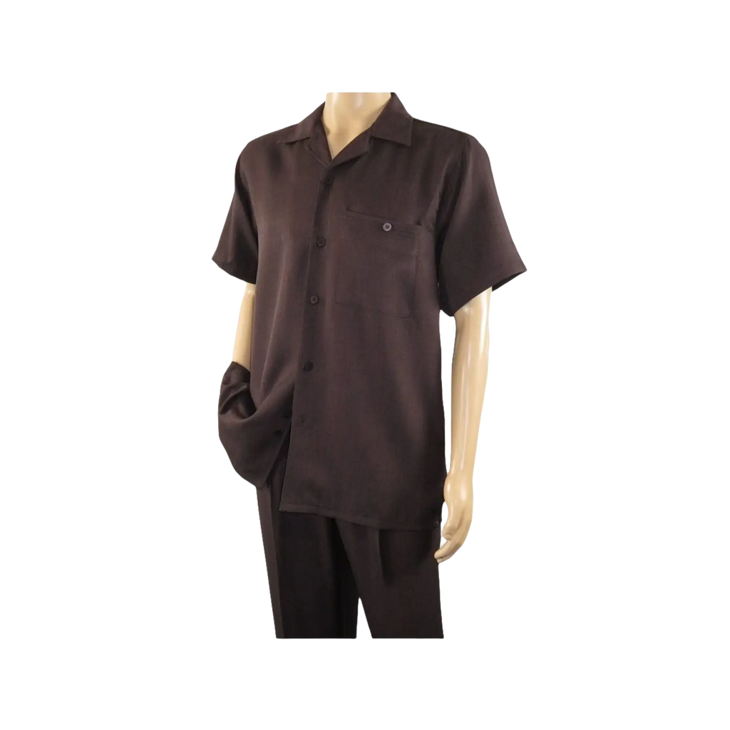 Men 2pc Walking Leisure Suit Short Sleeves By DREAMS 255 - 02 Solid Brown - J.Valintin Men's Wear Legend - 96090