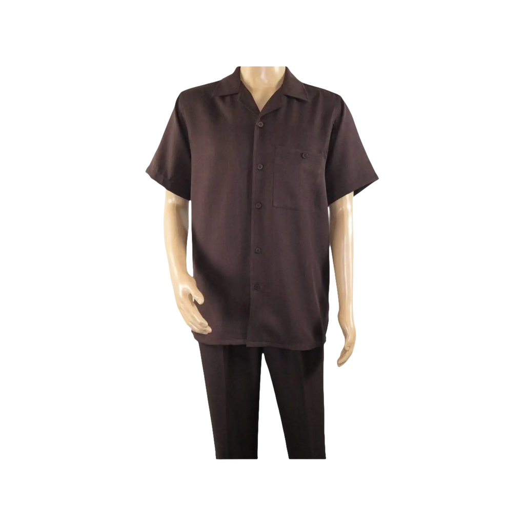 Men 2pc Walking Leisure Suit Short Sleeves By DREAMS 255 - 02 Solid Brown - J.Valintin Men's Wear Legend - 96090